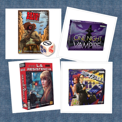 Bang! The Dice Game, One Night Ultimate Vampire, La Resistencia y Spyfall